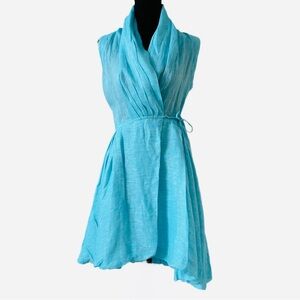 SARTORIA SARACENA ~ Chic Turquoise Wrap Around Sleeveless High Low Linen Dress